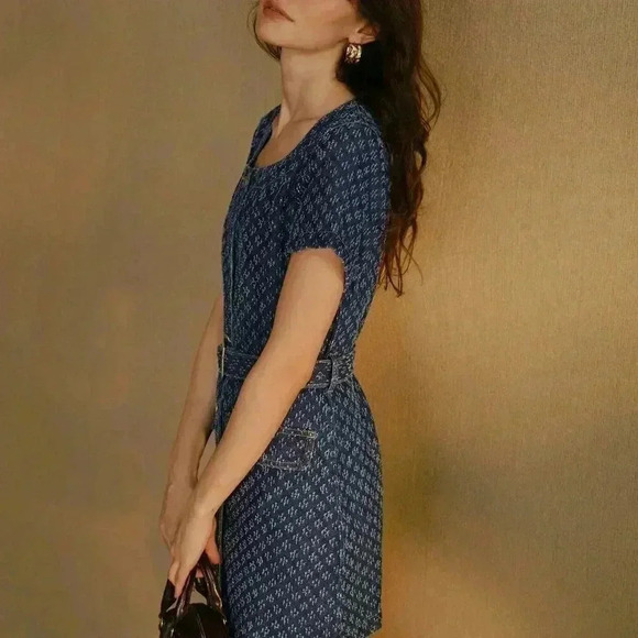 Blue Women's Flap Detail Buckle Belted Swiss Dot Denim Dress - Picture 6 of 8